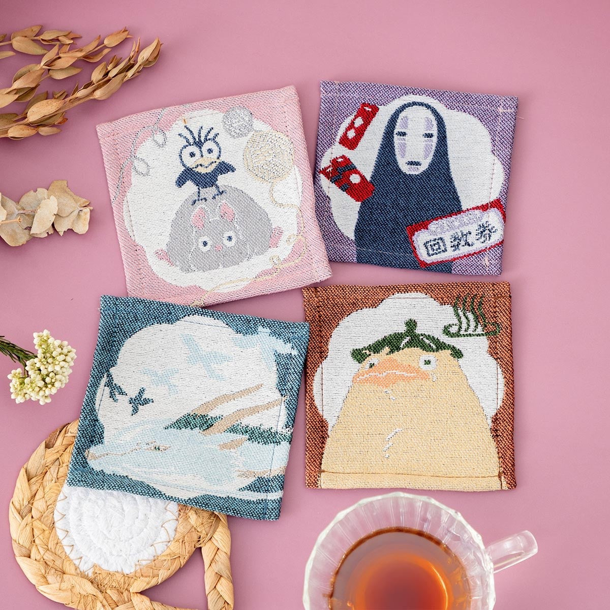 Studio Ghibli Spirited Away – Gobelin Woven Coaster Set 4pcs No-Face, Boh Mouse